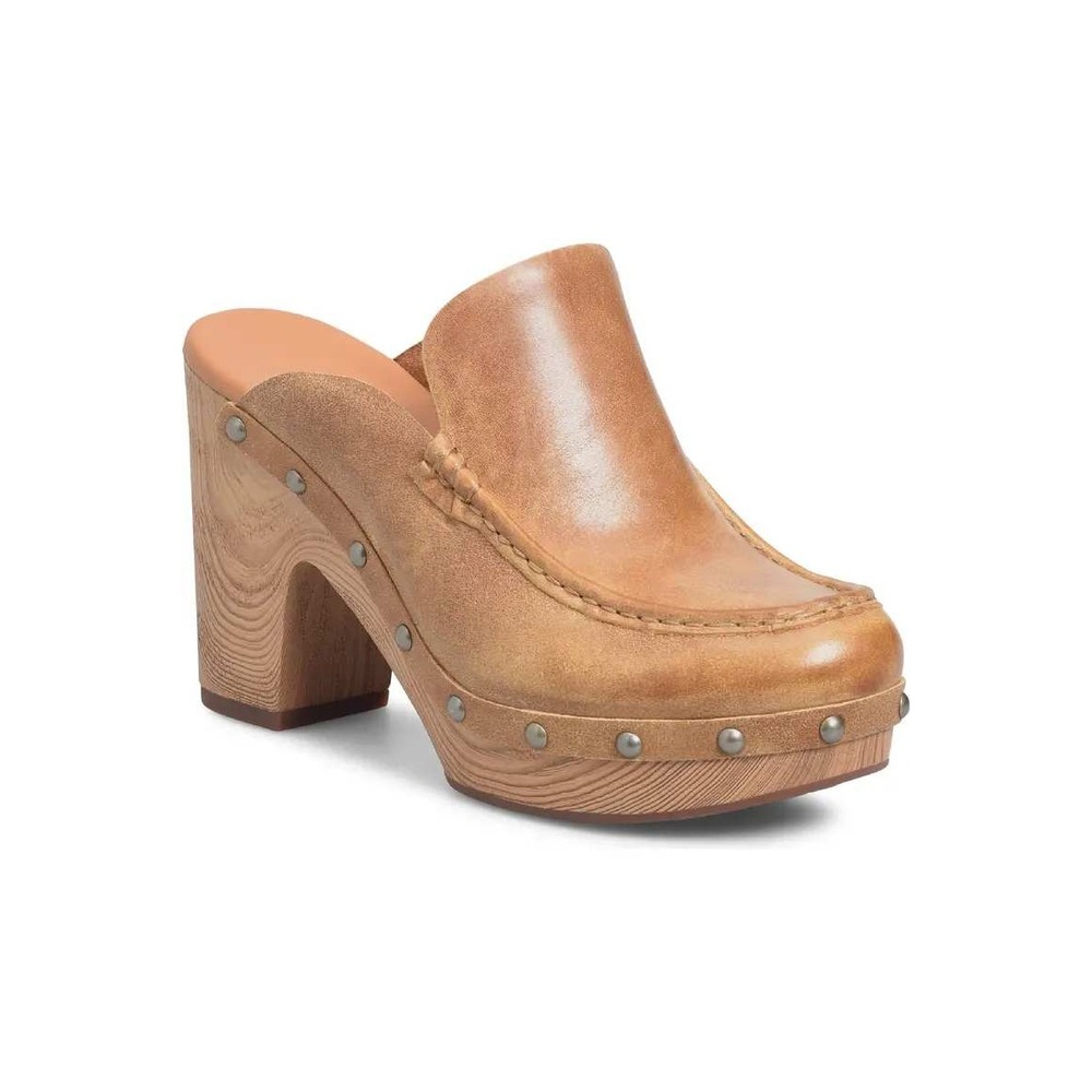 Kork-Ease Spencer Platform Clog WMN 9 Tan Leather Studded Wood Block Heel Boho